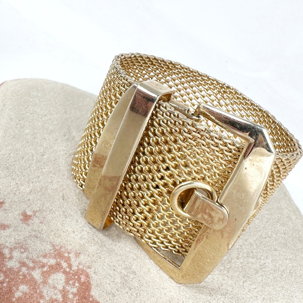 Vintage Gold Tone Mesh Belt Buckle‎ Bracelet Adjustable 6.5-7.5" Wide 1.5"